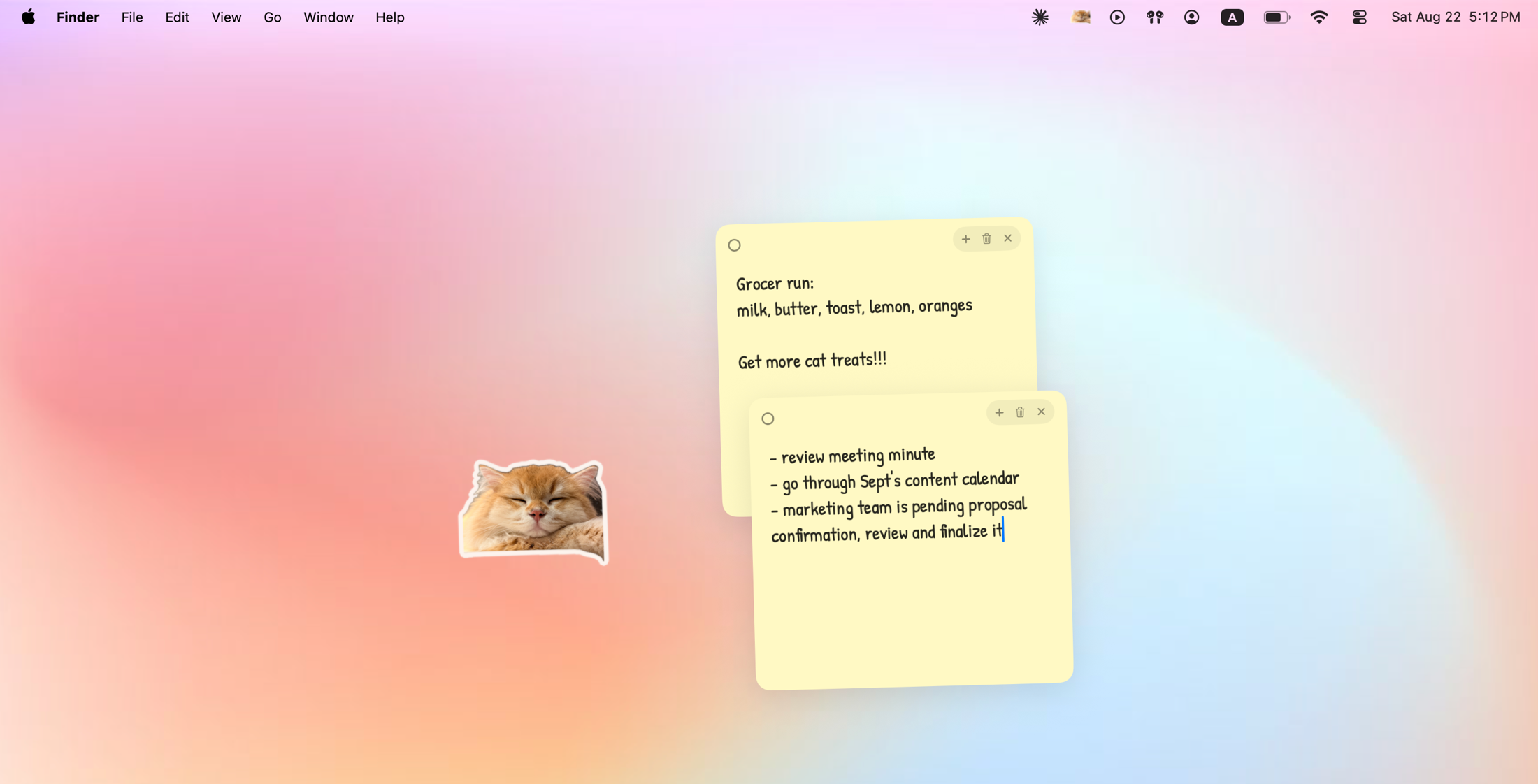 Tiny Boop running on a Mac: a cut-out photo of a sleeping cat sitting on the desktop beside two yellow sticky notes